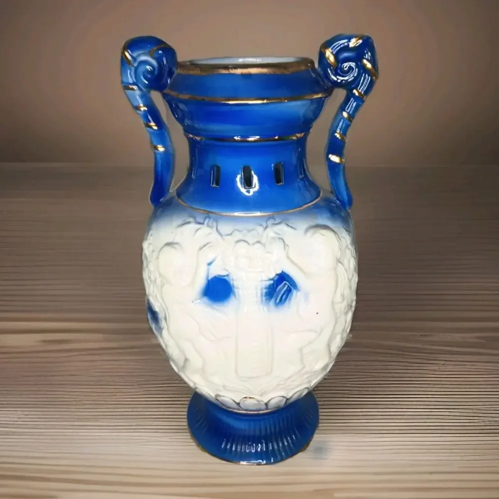 Vintage Cobalt Blue Cherub Angel Porcelain Urn Vase Gold Trim Handles Ceramic